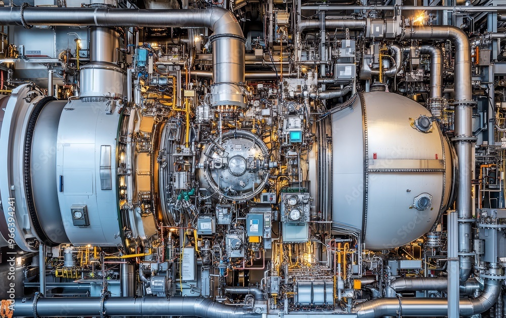 A complex arrangement of industrial machinery showcasing pipes, valves, and control systems for energy production. A complex arrangement of industrial machinery showcasing pipes, valves, and control systems for energy production.