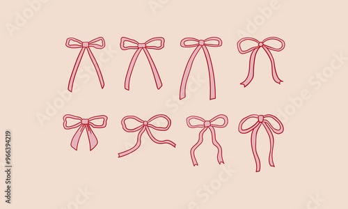 Collection of abstract linear bow icons. Vector outline illustration of various pink ribbons. Hand drawn clipart in retro sketch style