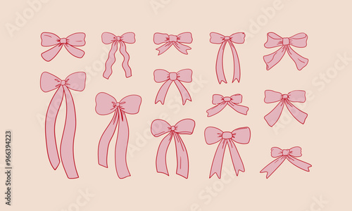 Collection of various pink ribbons in retro sketch style. Vector illustration of holiday bows. Hand drawn clipart for birthday, wedding, holidays, valentines day