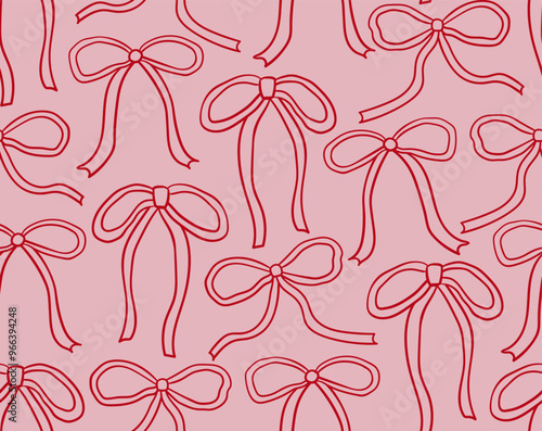 Seamless pattern with various linear bows. Vector outline background with hand drawn ribbons in sketch style. Coquette and ballet core