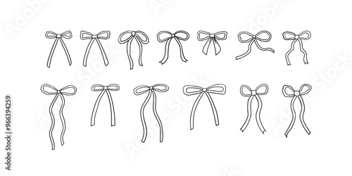 Set of abstract linear bow icons. Vector outline illustration of various ribbons. Hand drawn clipart in retro sketch style