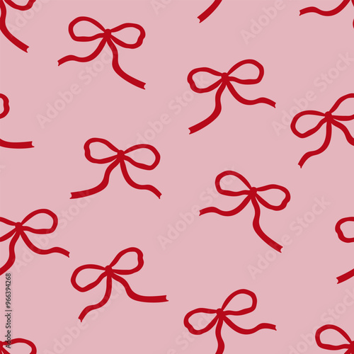 Seamless pattern with abstract red ribbons. Vector flat background with bows in retro style. Coquette and balletcore aesthetic