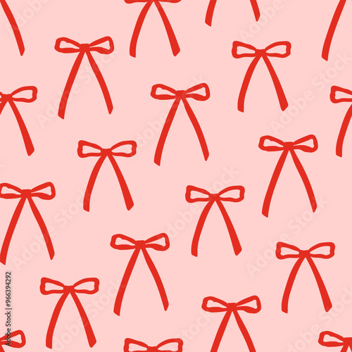 Seamless pattern with abstract simple red ribbons. Vector flat background with bows in retro style. Coquette and ballet core. Holiday, christmas, valentines day clipart