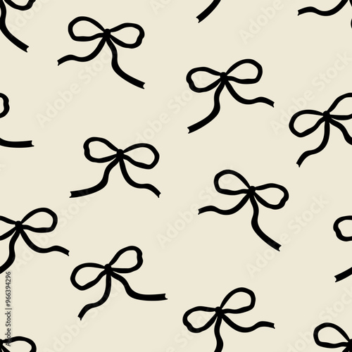 Seamless pattern with abstract black ribbons. Vector flat background with bows in retro style. Coquette and balletcore aesthetic