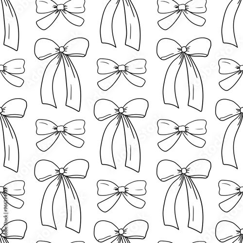 Seamless pattern with bows in sketch style. Vector outline background with hand drawn ribbons in retro style. Coquette and ballet core
