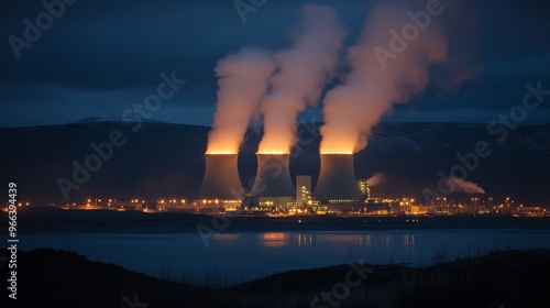 A nuclear power plant at dusk, with cooling towers emitting steam against a darkening sky.