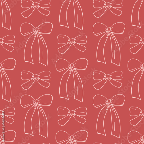 Seamless pattern with bows in sketch style. Vector outline background with hand drawn ribbons in retro style. Coquette and ballet core