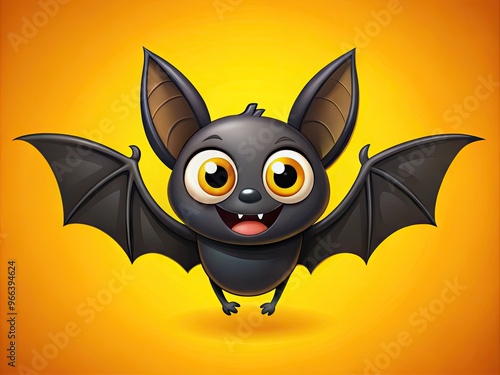 A whimsical cartoon illustration of a flying black bat with big round eyes, smiling face, and outstretched wings, set against a bright yellow background. photo