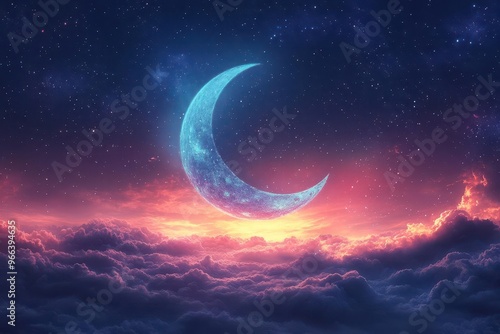 ethereal islamic crescent moon floating in vibrant twilight sky cosmic background spiritual symbolism gradient colors