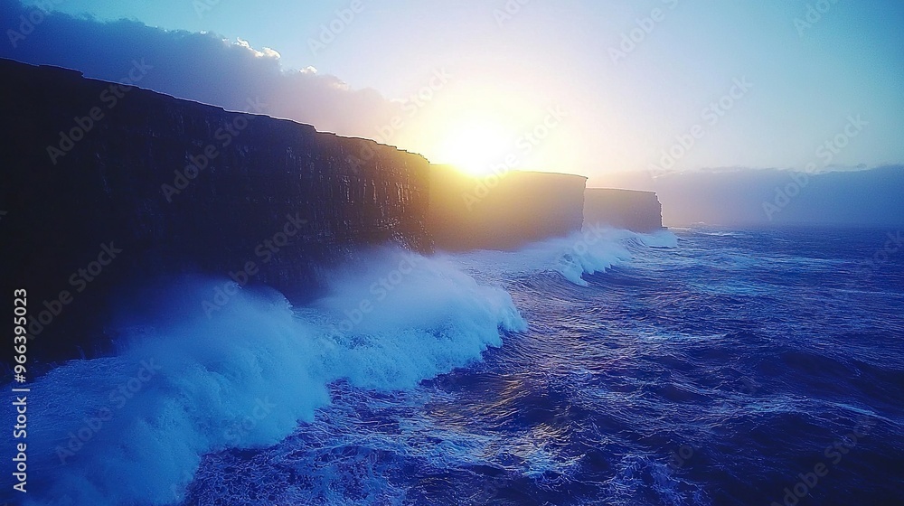 The sun sets over the ocean while waves smash the sea wall, causing it to crumble into the sea The sun sets over the ocean while waves smash the sea wall, causing it to crumble into the sea
