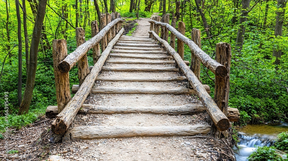 Obraz premium A bridge in the forest, surrounded by trees and a flowing stream below