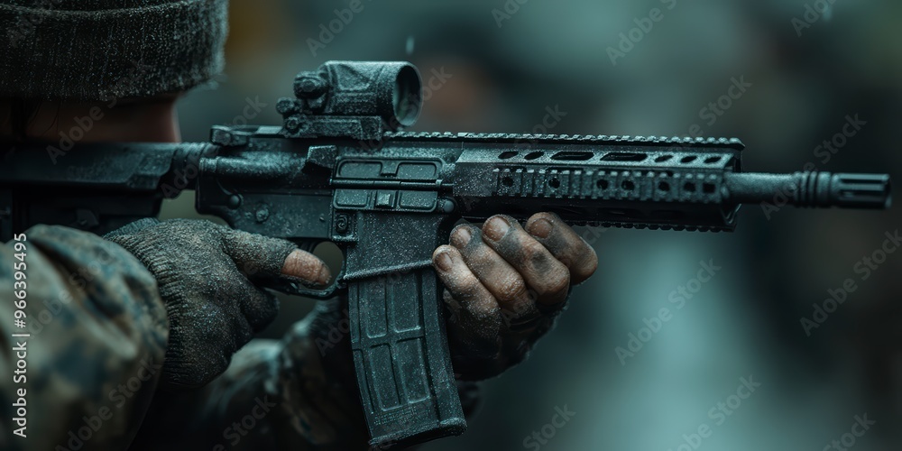 Close-up of a man shooting a rifle in a dark background Close-up of a man shooting a rifle in a dark background