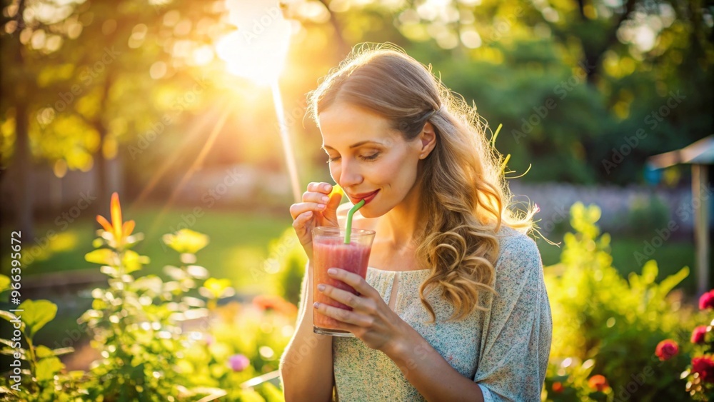 A Person Enjoying a Refreshing Smoothie in a Beautiful Sunny Garden Setting A Person Enjoying a Refreshing Smoothie in a Beautiful Sunny Garden Setting