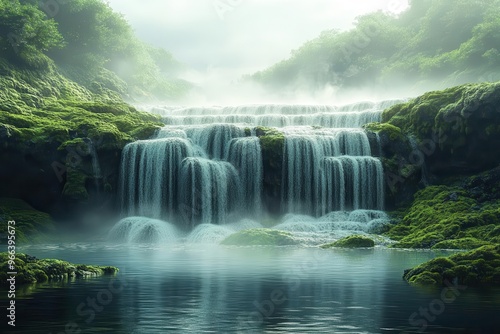ethereal longexposure waterfall cascading over mosscovered rocks silky water effect mist rising lush green surroundings moody tonal edit