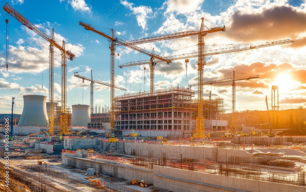 A construction site with cranes and a building under development, illuminated by a sunset. A construction site with cranes and a building under development, illuminated by a sunset.