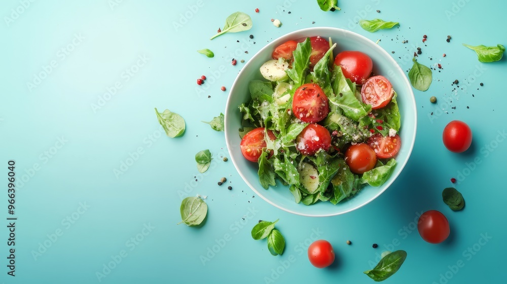 Healthy green salad with tomatoes cucumbers and leafy greens in a bowl Healthy green salad with tomatoes cucumbers and leafy greens in a bowl