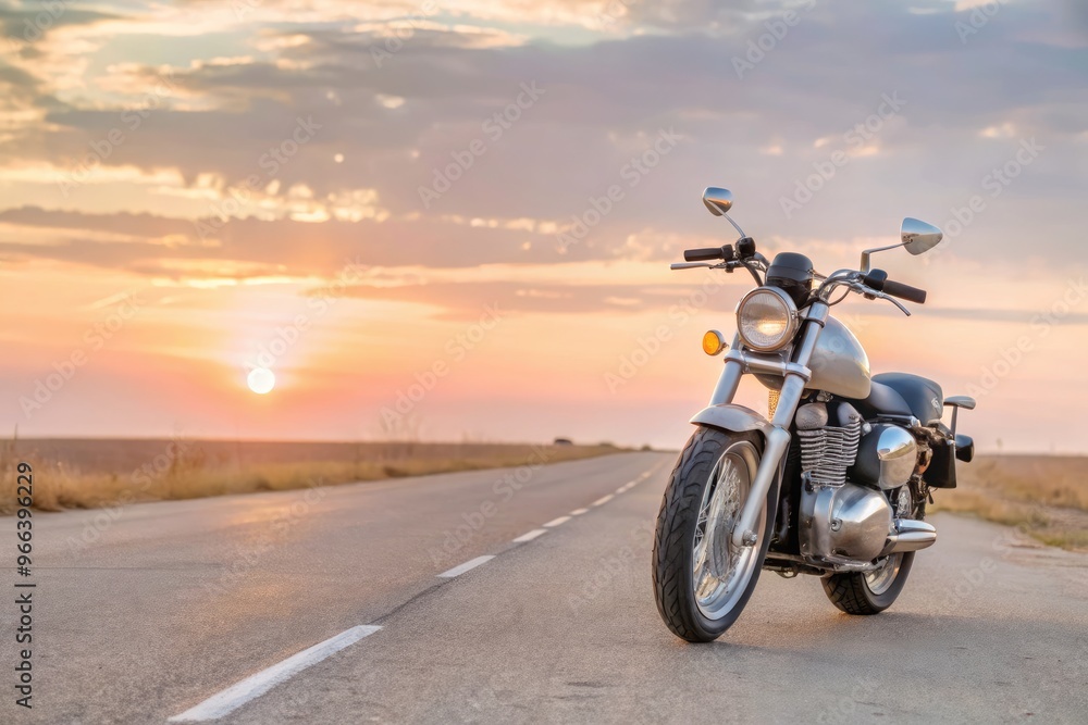 Motorcycle parked on a quiet road during sunset in a serene landscape. Generative AI Motorcycle parked on a quiet road during sunset in a serene landscape. Generative AI