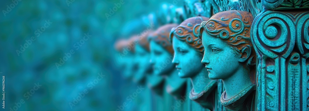 Obraz premium A row of ornate, patinaed bronze busts with detailed features and golden accents, set against a blurred background, showcasing classical architecture. Copy space.