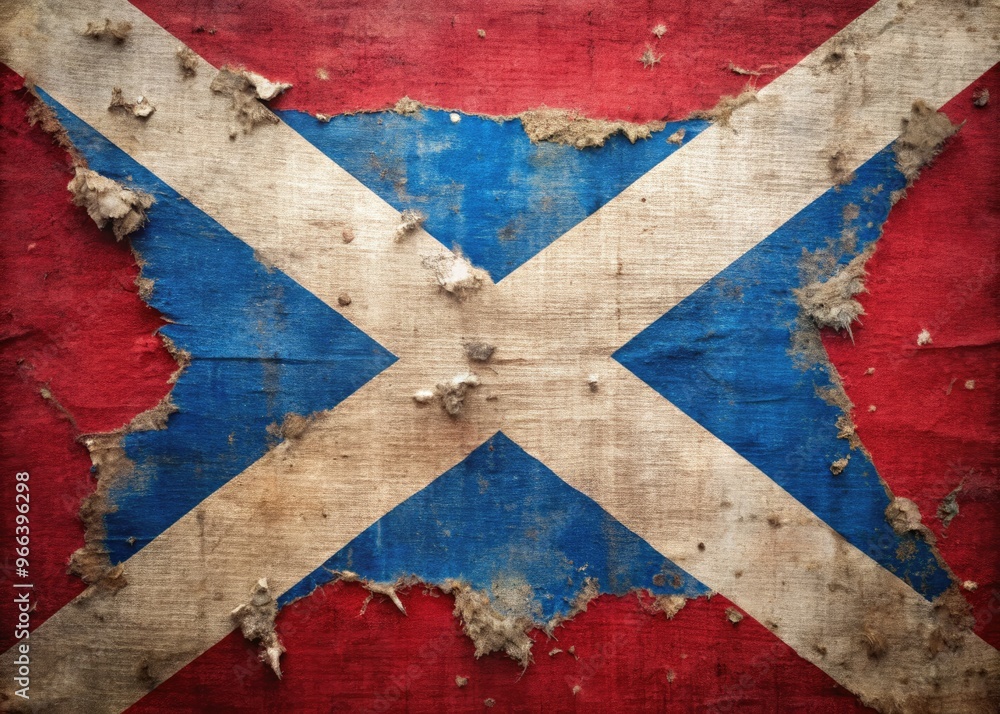 Obraz premium A worn, tattered, and faded cloth bearing a blue saltire with white stars on a red background, symbolizing a region's history and cultural identity.