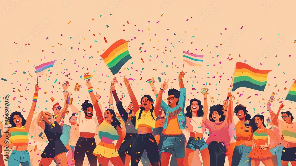Illustration of people joyfully celebrating pride with rainbow flags and hearts. AI generated image Illustration of people joyfully celebrating pride with rainbow flags and hearts. AI generated image