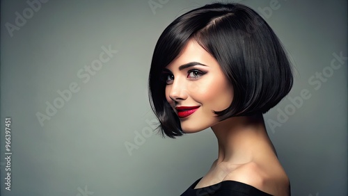 A young woman with a chic, asymmetrical bob hairstyle poses in profile, her dark hair falling above her shoulders, accentuating her sharp jawline and bright smile. photo