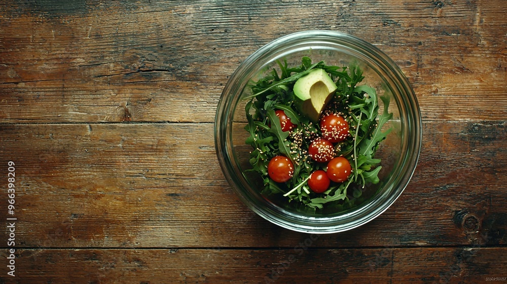 A wooden table holds a green salad in a glass bowl, garnished with tomatoes and avocado A wooden table holds a green salad in a glass bowl, garnished with tomatoes and avocado