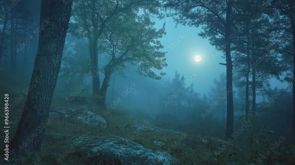 Obraz premium A serene, misty forest scene illuminated by a full moon.