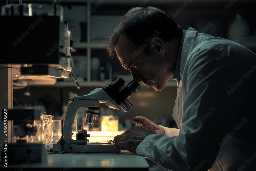 Focused scientist using a microscope in a research lab with equipment on the table Focused scientist using a microscope in a research lab with equipment on the table