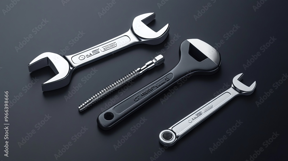 Masterful toolkit for mechanics and plumbers, depicted realistically in 3D. This vector illustration showcases a wrench, adjustable wrench, and screwdriver Masterful toolkit for mechanics and plumbers, depicted realistically in 3D. This vector illustration showcases a wrench, adjustable wrench, and screwdriver