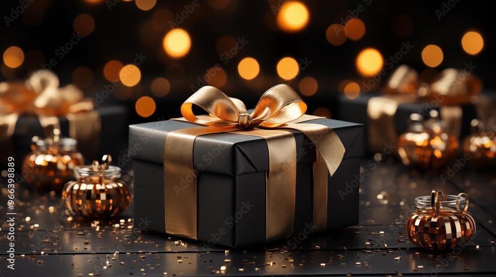 Gift box and golden ribbon on black background with glitter. Gift box and golden ribbon on black background with glitter.