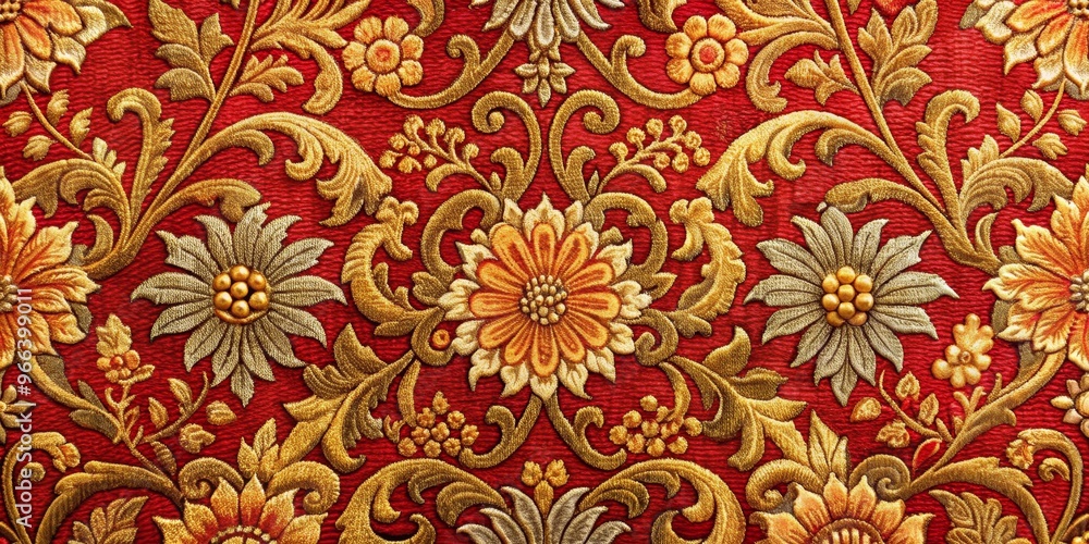 Red Velvet with Gold Embroidered Floral Pattern, Fabric Texture, Gold Embroidery, Red Background, Vintage Design, Luxury, Decor Red Velvet with Gold Embroidered Floral Pattern, Fabric Texture, Gold Embroidery, Red Background, Vintage Design, Luxury, Decor