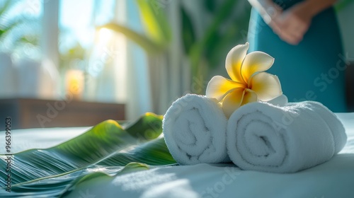 Hotel room preparation with fresh towels and flower placed on the bed