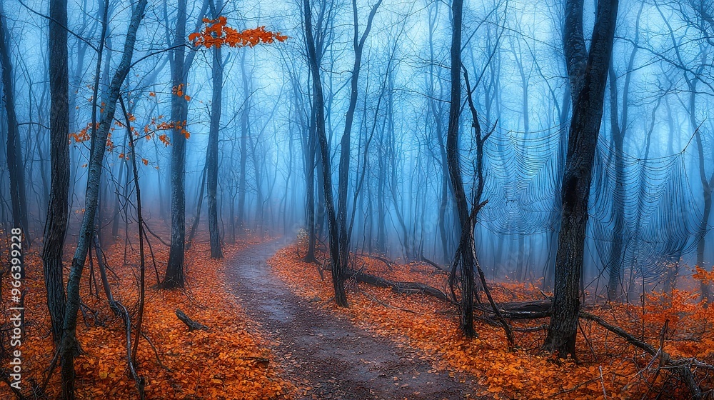 Obraz premium A dirt road meanders through a dense forest, flanked by towering trees and a carpet of vibrant leaves