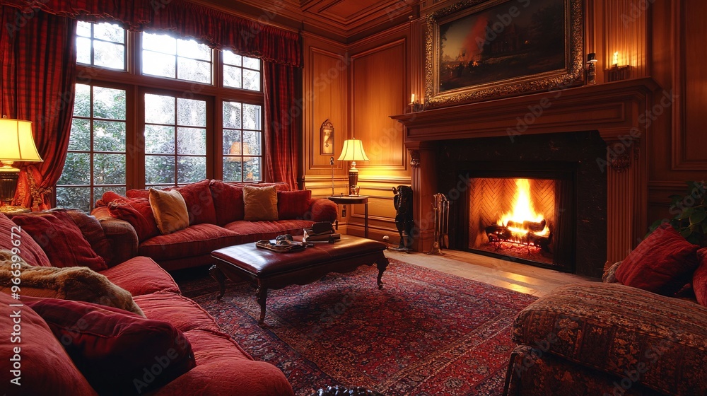 Warm and Cozy Living Room with Crackling Fireplace and Plush Furniture Warm and Cozy Living Room with Crackling Fireplace and Plush Furniture