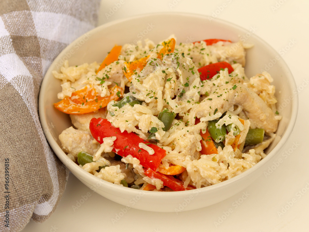 Creamy rice with chicken breast, mushrooms, pepper and green beans. Creamy rice with chicken breast, mushrooms, pepper and green beans.