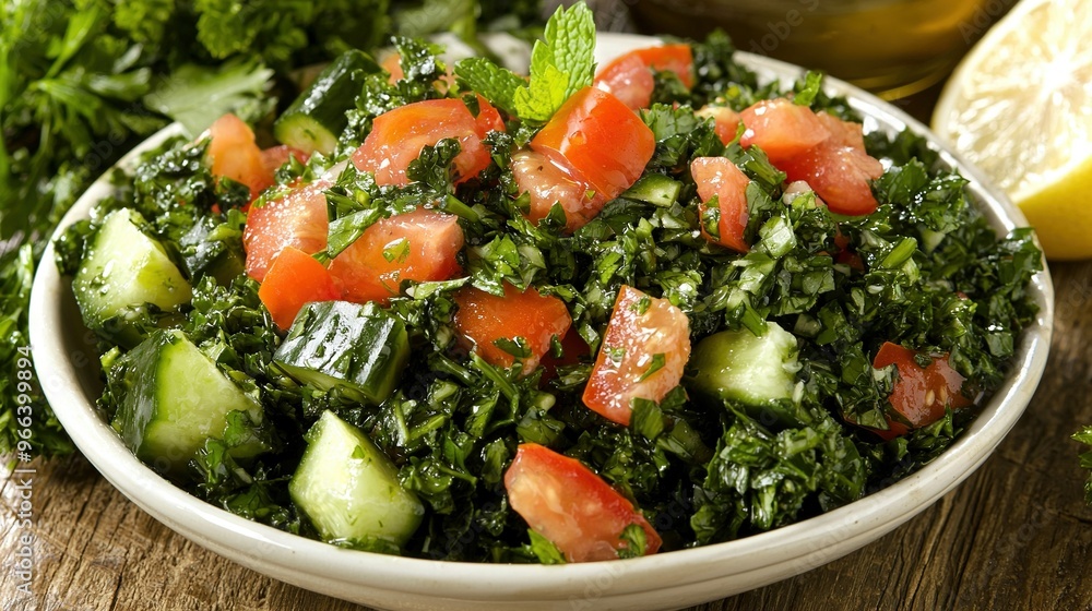 A salad with tomatoes, cucumbers, parsley, and lemon wedges on a table A salad with tomatoes, cucumbers, parsley, and lemon wedges on a table