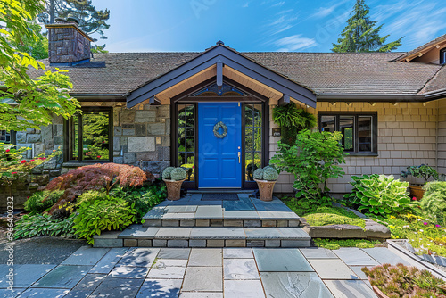 A blue front door with a white plaque on it, photo