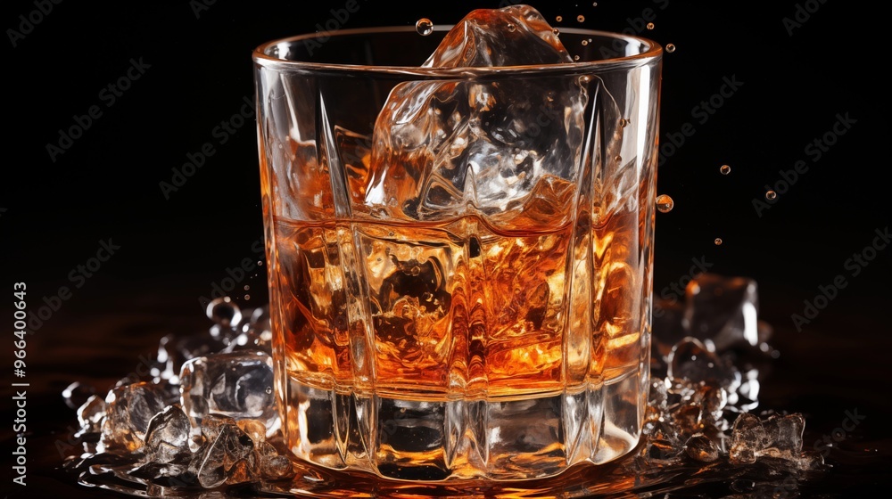 Glass of splashing whiskey or other alcohol with ice cube on black background. Glass of splashing whiskey or other alcohol with ice cube on black background.