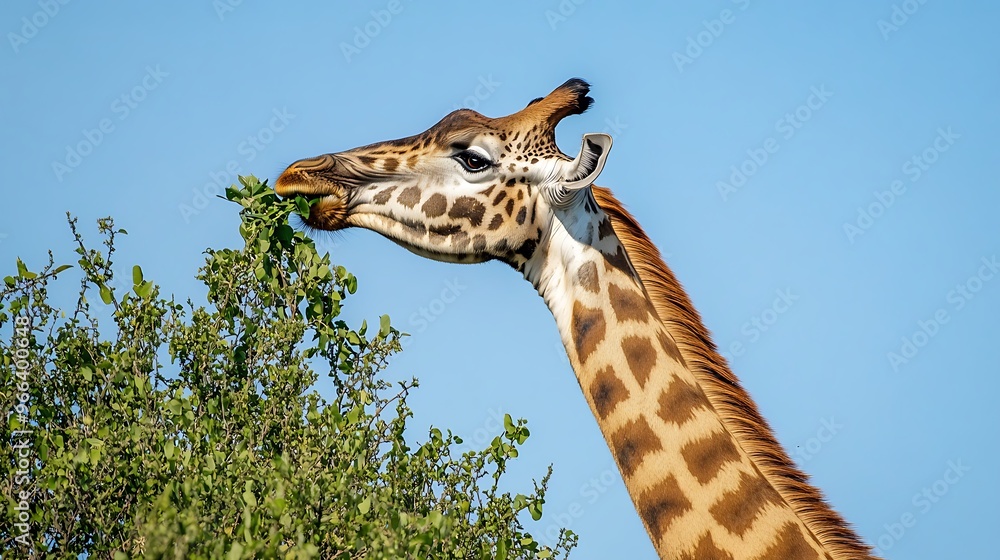 Fototapeta premium A close-up of a giraffe reaching up to eat leaves from a tall acacia tree