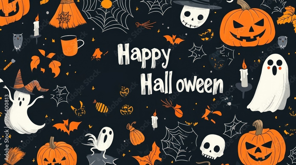 Illustration of a festive Halloween theme with various elements like pumpkins, ghosts, and an owl on a dark background. Halloween holiday concept. Illustration of a festive Halloween theme with various elements like pumpkins, ghosts, and an owl on a dark background. Halloween holiday concept.