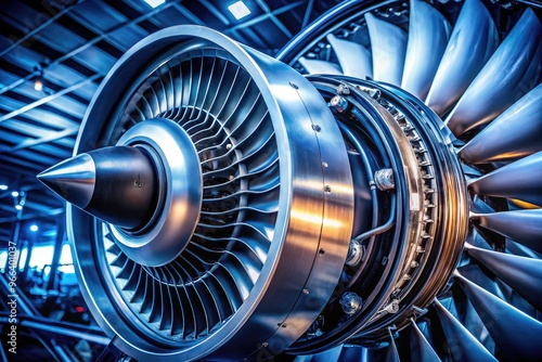 CLOSE-UP OF AIRCRAFT ENGINE COMPONENTS, INCLUDING FAN BLADES, TURBINE AND GEARS, DISPLAYING COMPLEX MECHANICAL DESIGN AND INDUSTRIAL TEXTURES IN HIGH-CONTRAST LIGHTING. photo