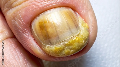 Close-up of an infected fingernail with fungal infection, yellowish discoloration, brittleness, and ridging, showcasing symptoms of onychomycosis, a common nail disease. photo