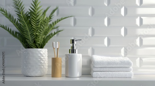 Minimalist Bathroom Interior with White Towels and a Green Plant