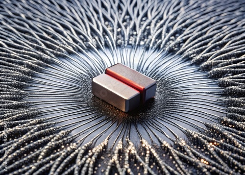 Close-up of a strong neodymium magnet suspended above a surface, surrounded by a mesmerizing pattern of iron filings tracing curved magnetic field lines.