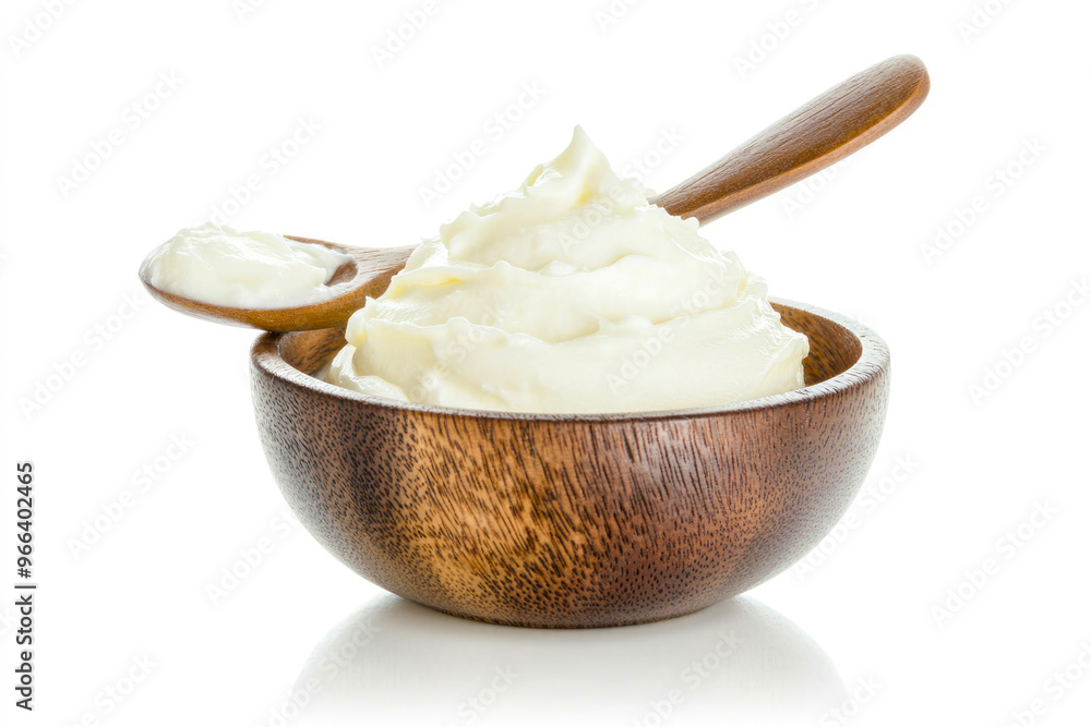 Sour cream in bowl and spoon, mayonnaise, yogurt, isolated on white background. Sour cream in bowl and spoon, mayonnaise, yogurt, isolated on white background.