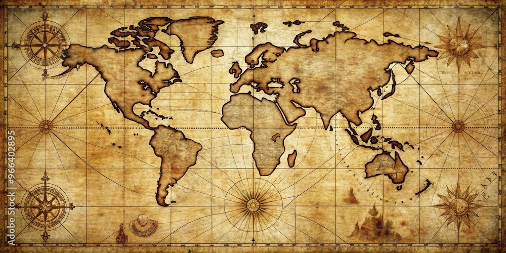 Obraz premium Vintage World Map with Compass and Sun, Old Paper, Nautical Design, World Map, Compass, Sun, Exploration