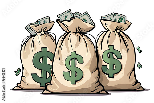 three cartoon money bags overflowing with dollar bills, showcased against a transparent background
