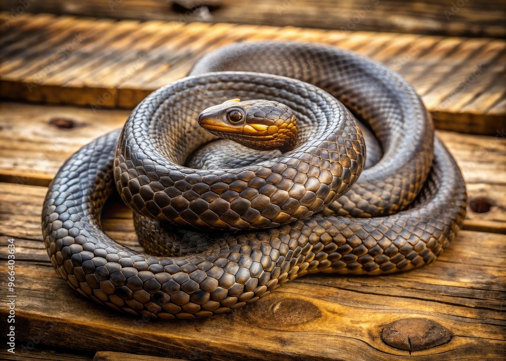 Coiled and twisted, a beautiful specimen of a large, dark-colored biscione snake, native to Italy, sits atop a rustic wooden table in a natural setting. Coiled and twisted, a beautiful specimen of a large, dark-colored biscione snake, native to Italy, sits atop a rustic wooden table in a natural setting.