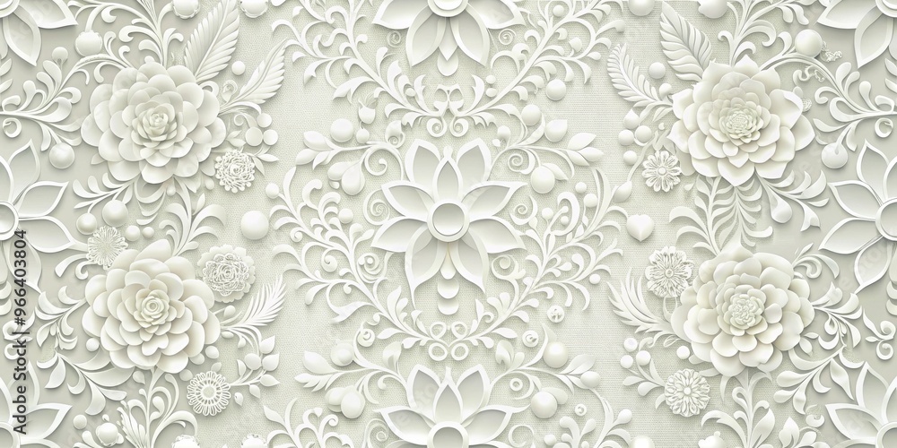White 3D Floral Pattern Papercut Style, Delicate Flowers and Vines on a Light Background, 3D Art, Floral Design, Wallpaper, White Flower, Paper Flowers White 3D Floral Pattern Papercut Style, Delicate Flowers and Vines on a Light Background, 3D Art, Floral Design, Wallpaper, White Flower, Paper Flowers