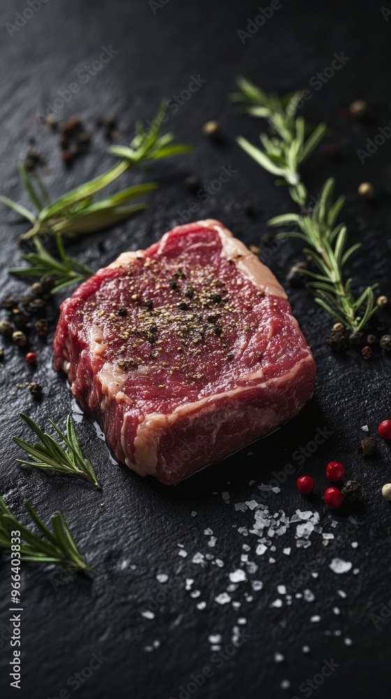 Raw beef steak seasoned with herbs and spices on dark slate background, gourmet cooking concept Raw beef steak seasoned with herbs and spices on dark slate background, gourmet cooking concept